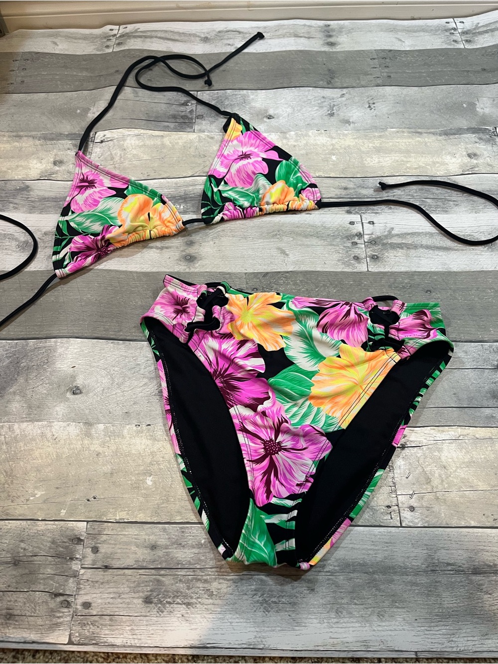 Floral Triangle Bikini Set in Black with Pink & Yellow Flowers